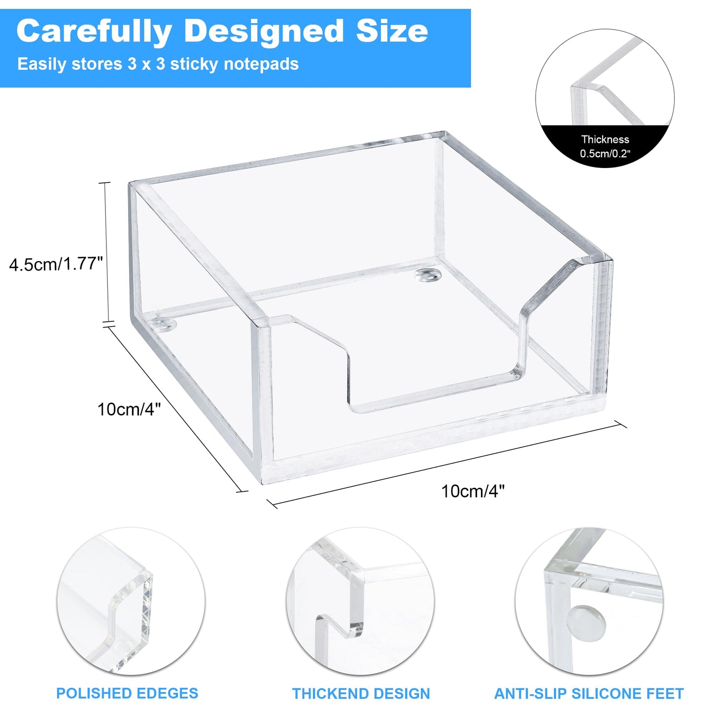 Acrylic Sticky Note Holders 2 Packs Clear Acrylic Memo Holder 3.94 x 3.94 x 1.77 inch for Desk Organization Office Home, Post Pop Note Dispenser for Office Accessories (BQ201)